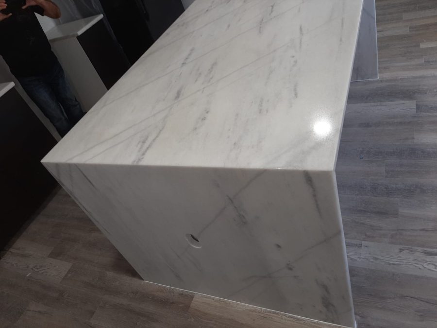 Waterfall marble countertop crafted for residential remodeling